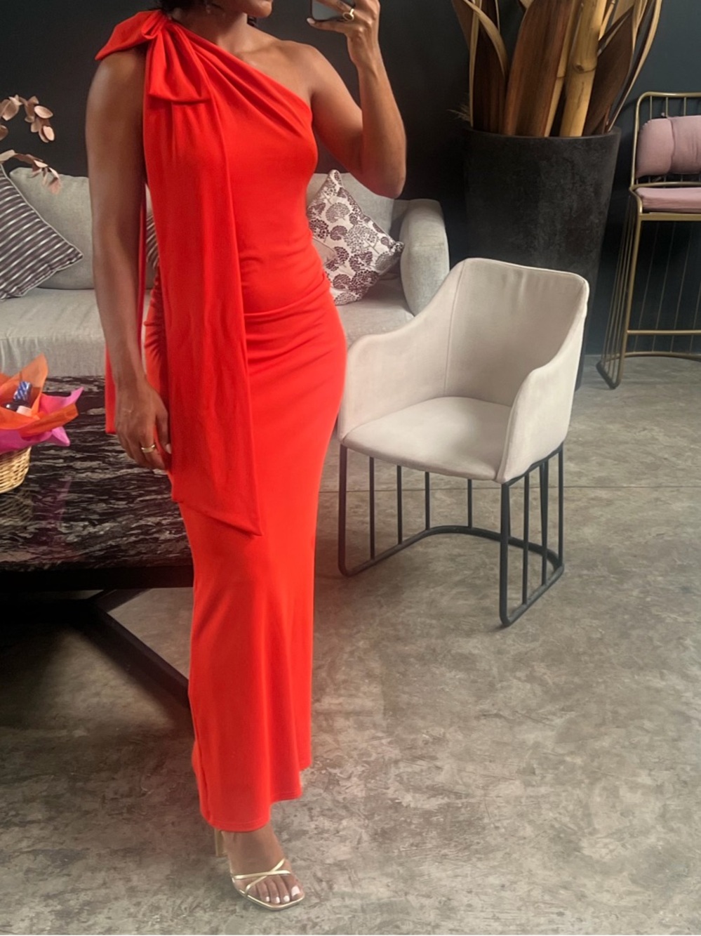Zara One-Shoulder Red Maxi Dress with Bow Detail - Picture 2 of 10